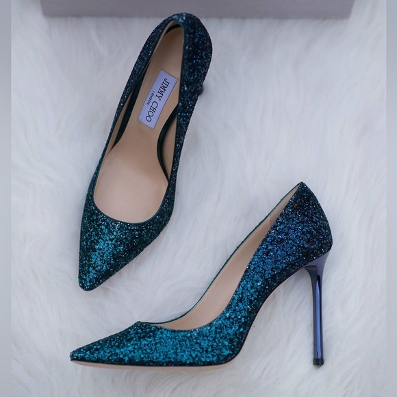 Jimmy Choo Peacock/Navy Romy 100 Glitter Ombré Heels - Picture 2 of 11